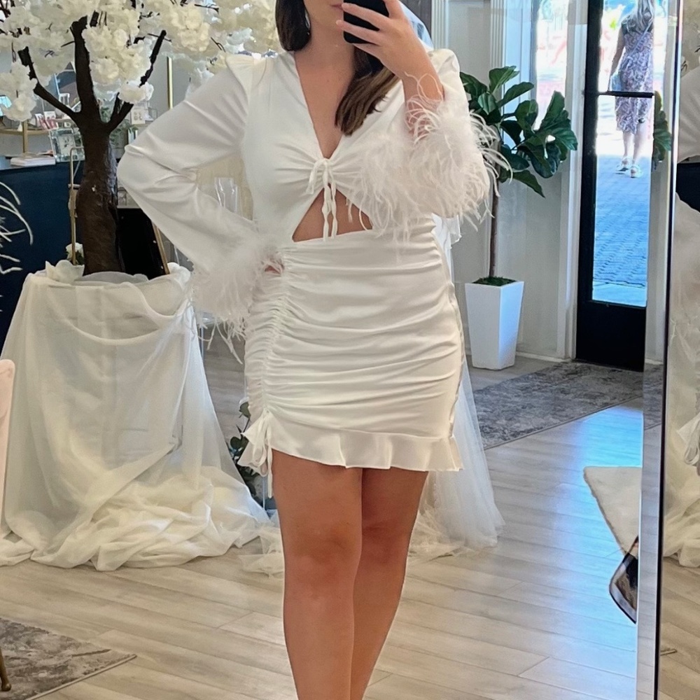 NWOT Silk White Fitted Feather Long Sleeve Dress